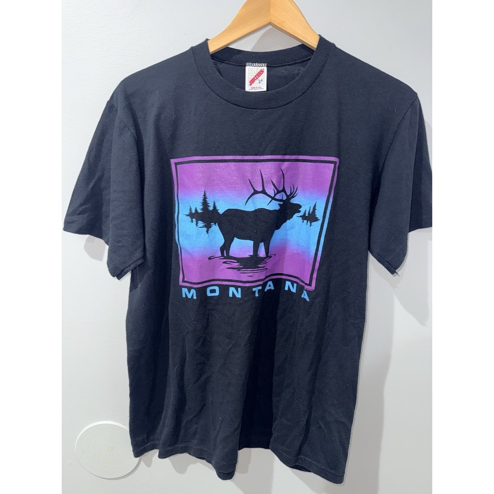 Vintage Montana Shirt Embroidery Deer  Graphic Jerzees Tee 90s Large‎ U